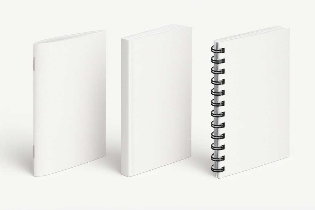 Side-by-side comparison of saddle stitch binding with visible staples and perfect binding spine. Print Print provides both as part of its book binding services in Singapore.
