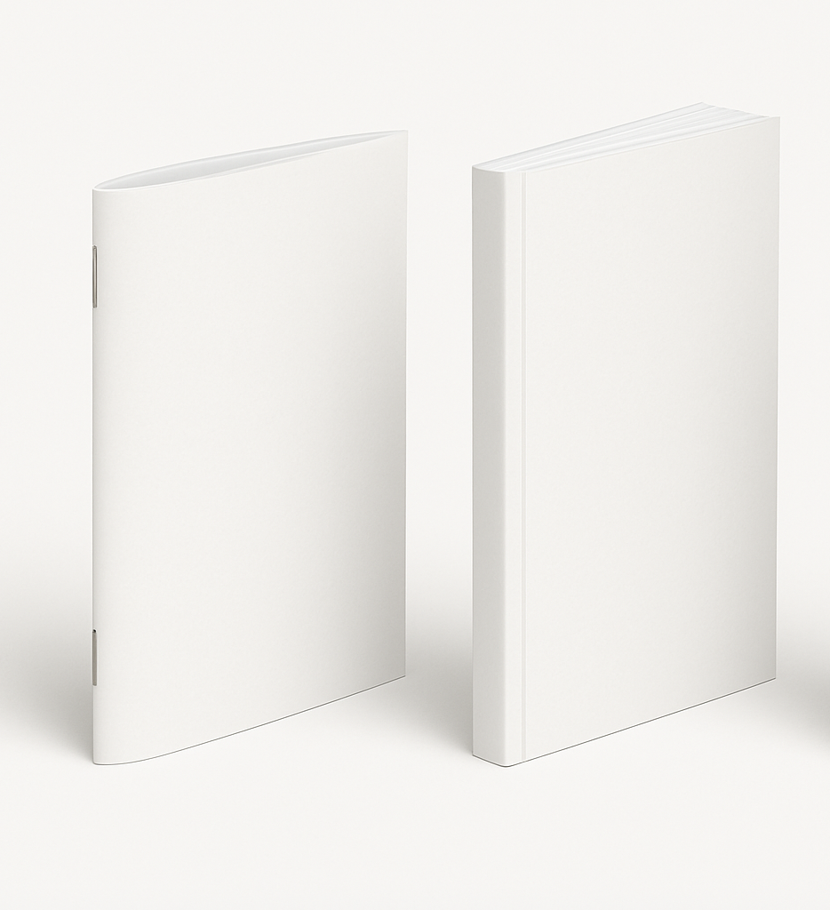 Side-by-side comparison of saddle stitch binding with visible staples and perfect binding spine. Print Print provides both as part of its book binding services in Singapore.
