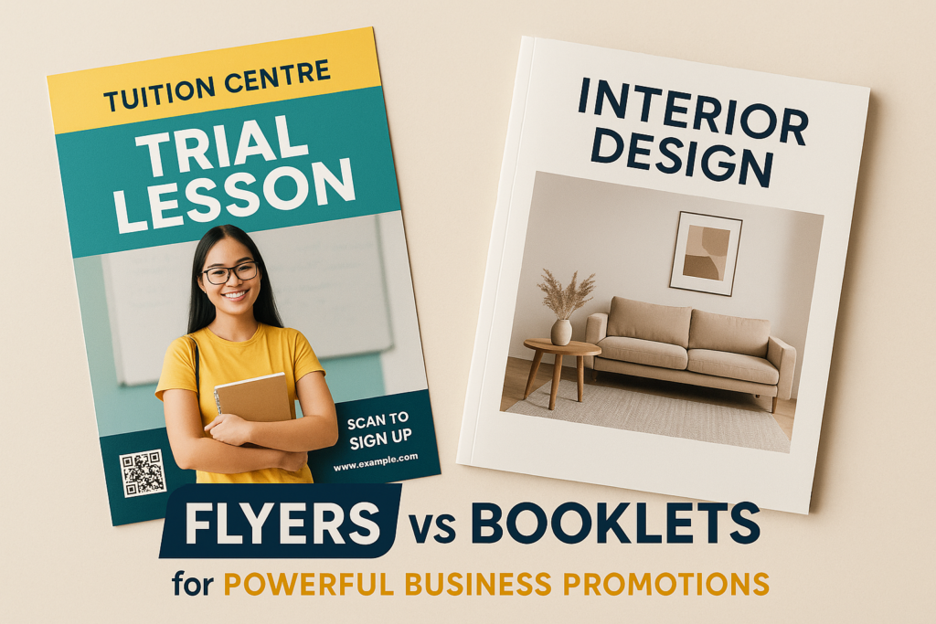 Flyers vs booklets side-by-side for business promotions in Singapore – tuition flyer and interior design booklet displayed on beige background
