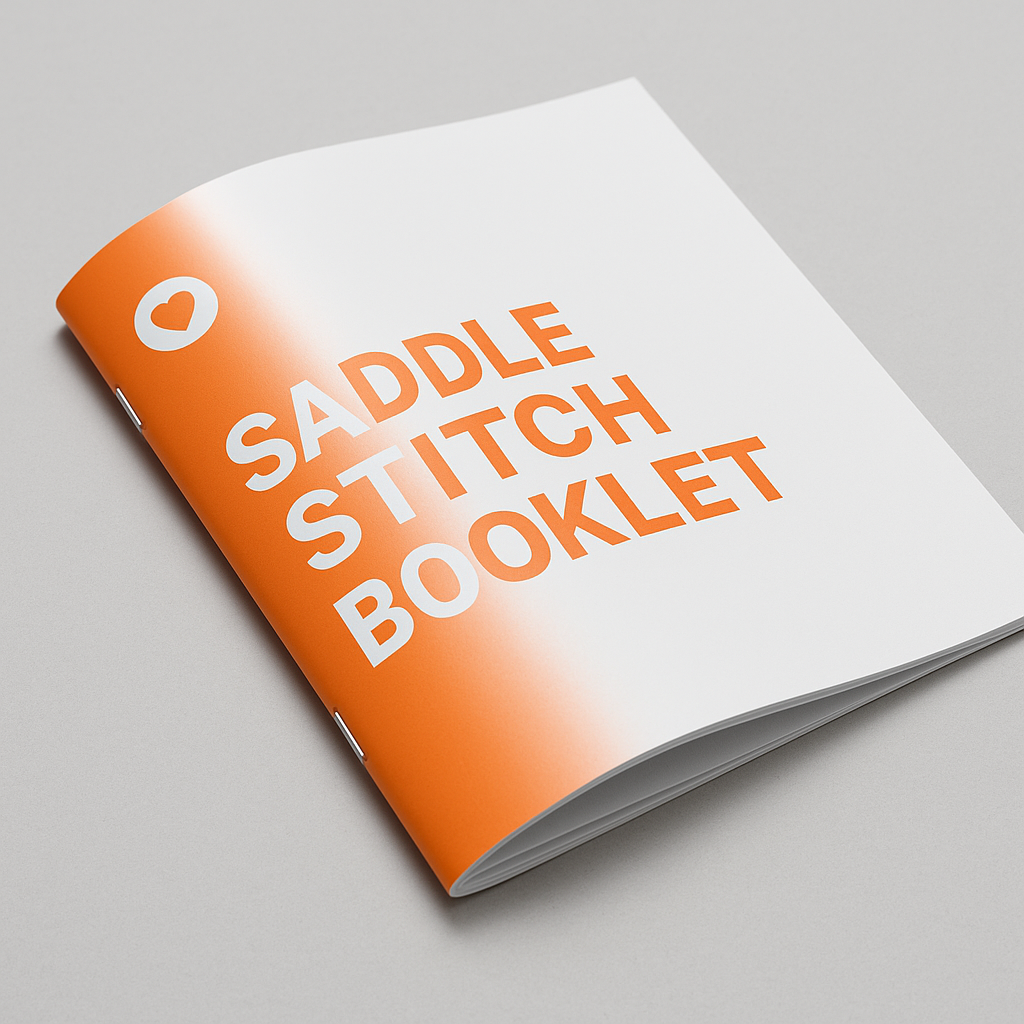 Close-up of a sleek booklet with saddle stitch binding: visible staples along the spine – clean, professional binding style.