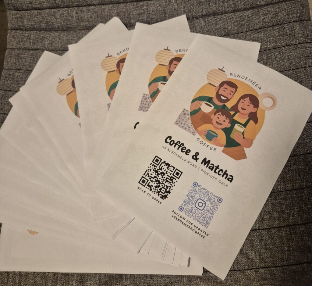 Stack of printed café flyers for Bendemeer Coffee & Matcha, featuring QR codes for online orders and social media links — sample of professional flyer printing in Singapore.