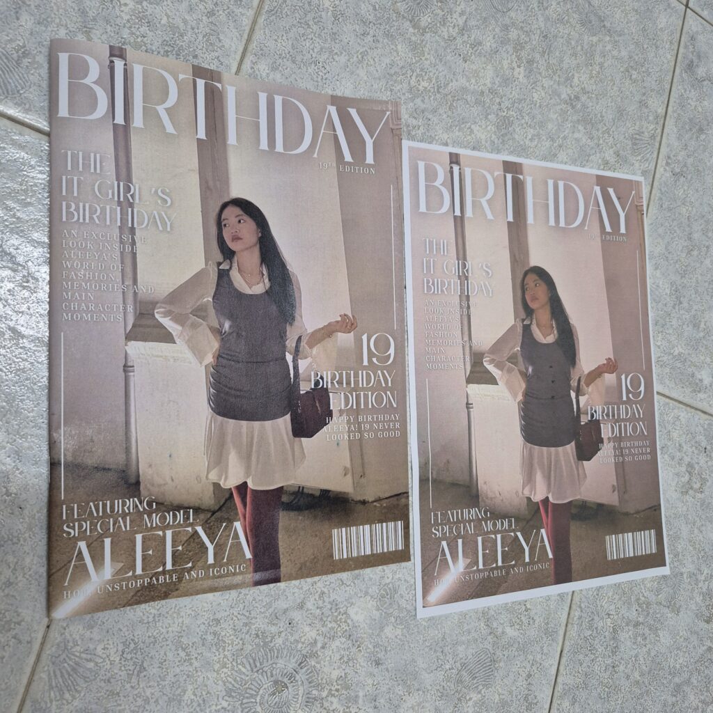 Custom printed saddle stitch binding for a birthday magazine project.