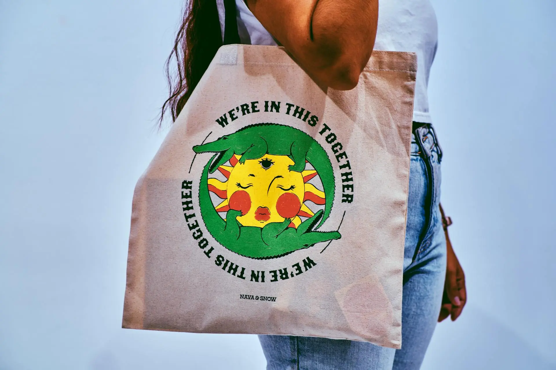 Tote bag printing planning example showing final printed tote bags used publicly after production