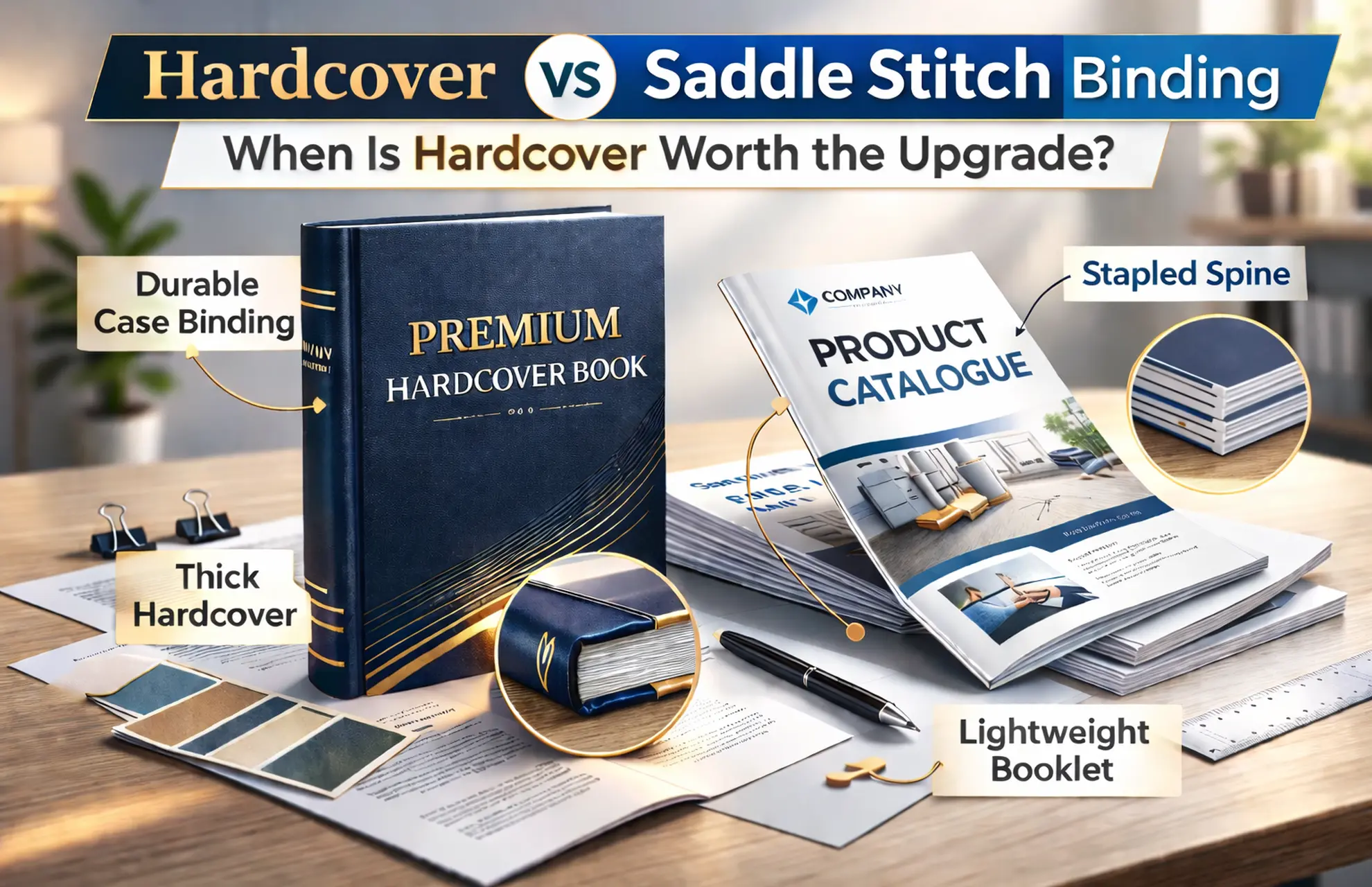 hardcover vs saddle stitch binding comparison showing premium case bound book and stapled booklet.