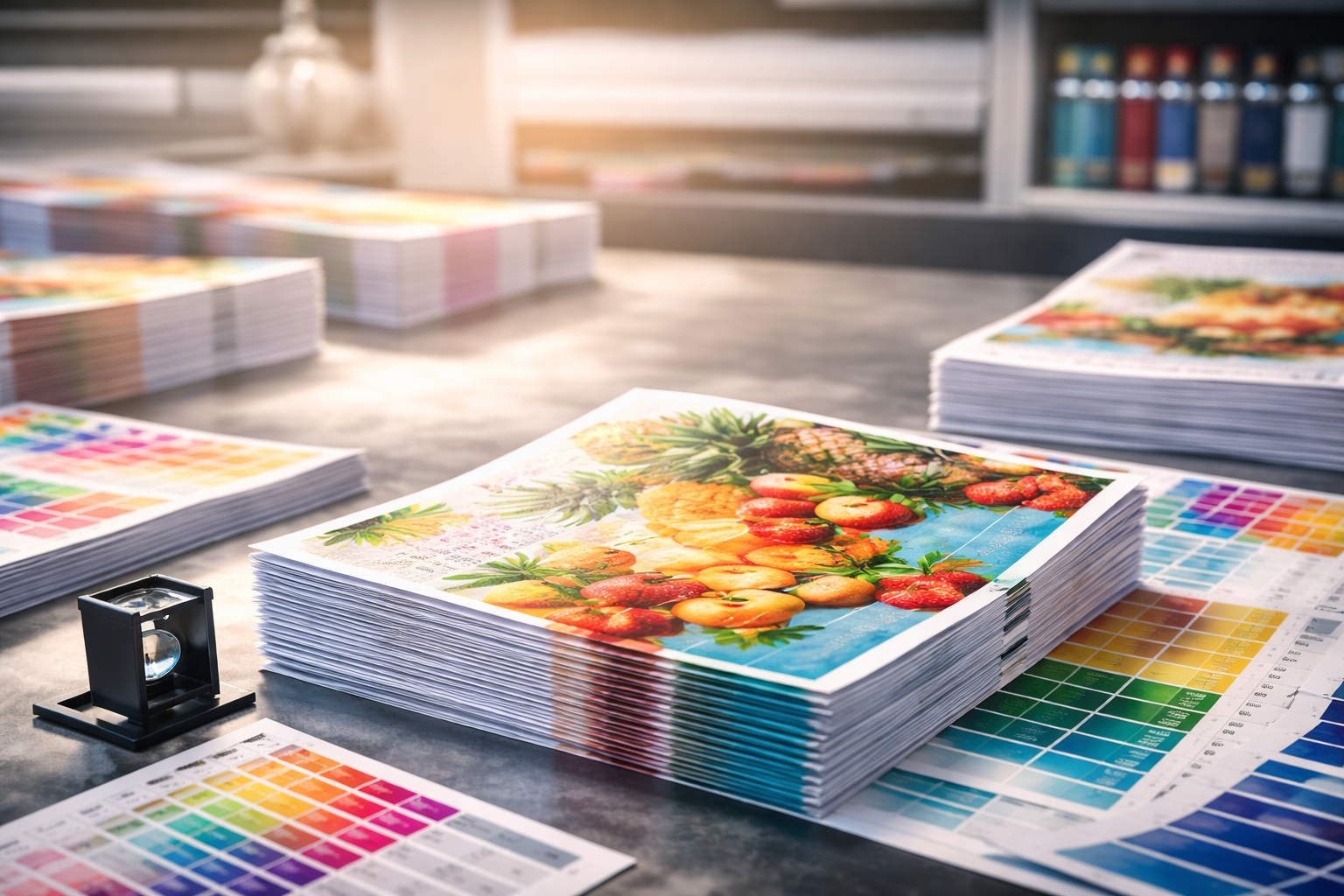 Bulk printed flyer sheets arranged for trimming demonstrating how higher print volumes can significantly reduce overall flyer printing cost through economies of scale.