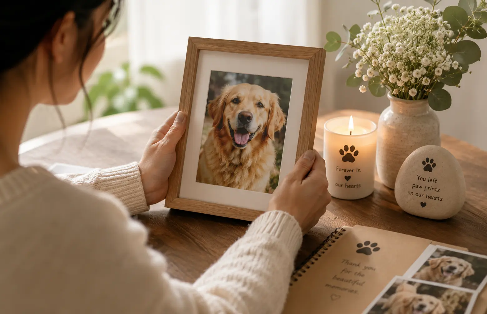 Pet ID card printing memorial keepsake with framed pet photo and remembrance display