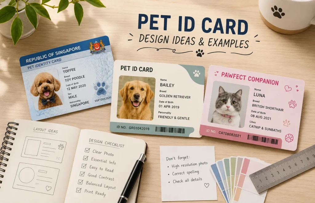 Pet ID card design guide showing personalised pet card layouts and design examples