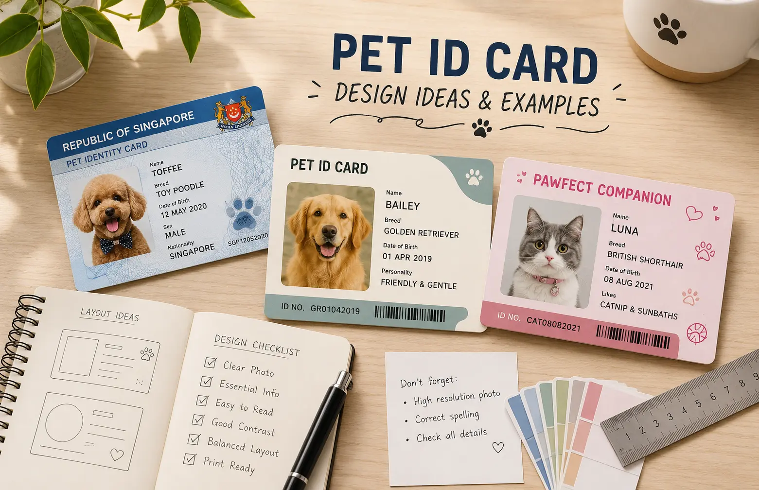 Pet ID card design guide showing personalised pet card layouts and design examples