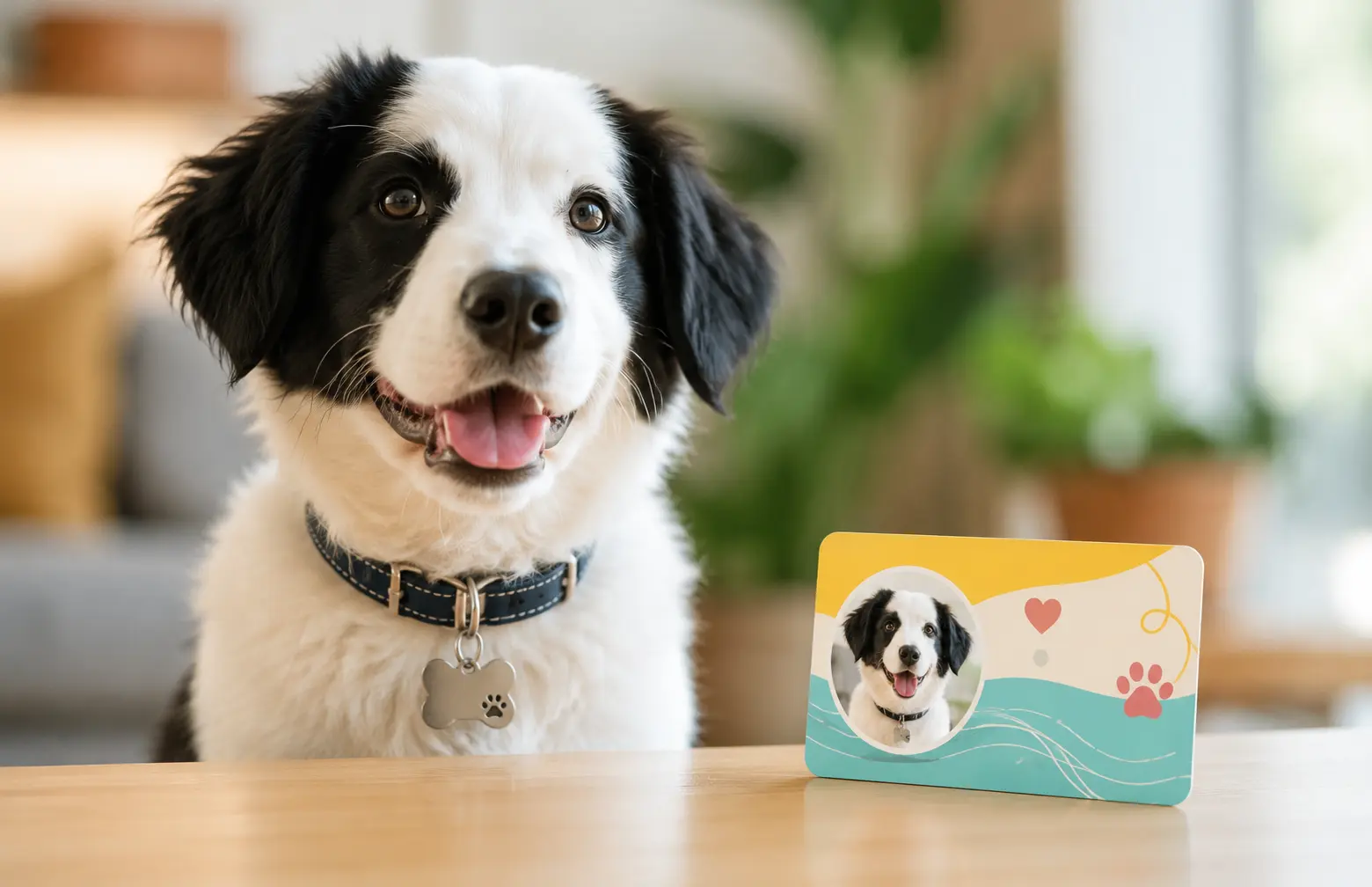 Pet ID card vs pet tag comparison showing a personalised pet card beside a traditional collar tag