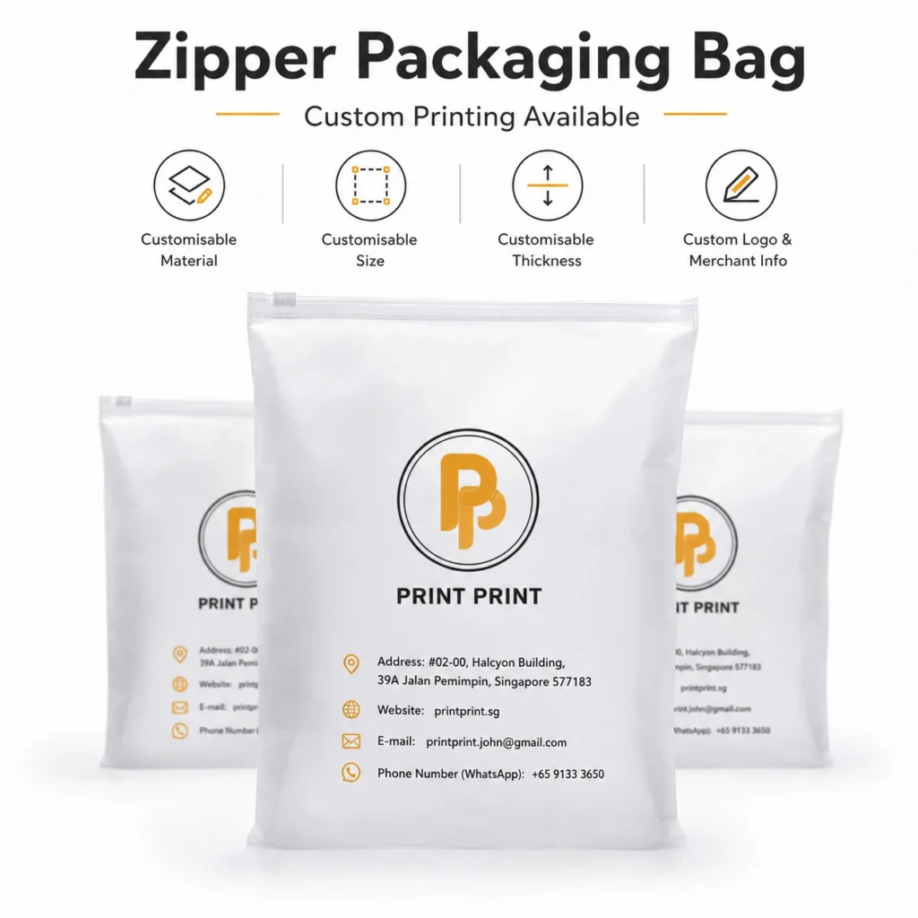 Custom zipper bags Singapore with PrintPrint logo and merchant information.