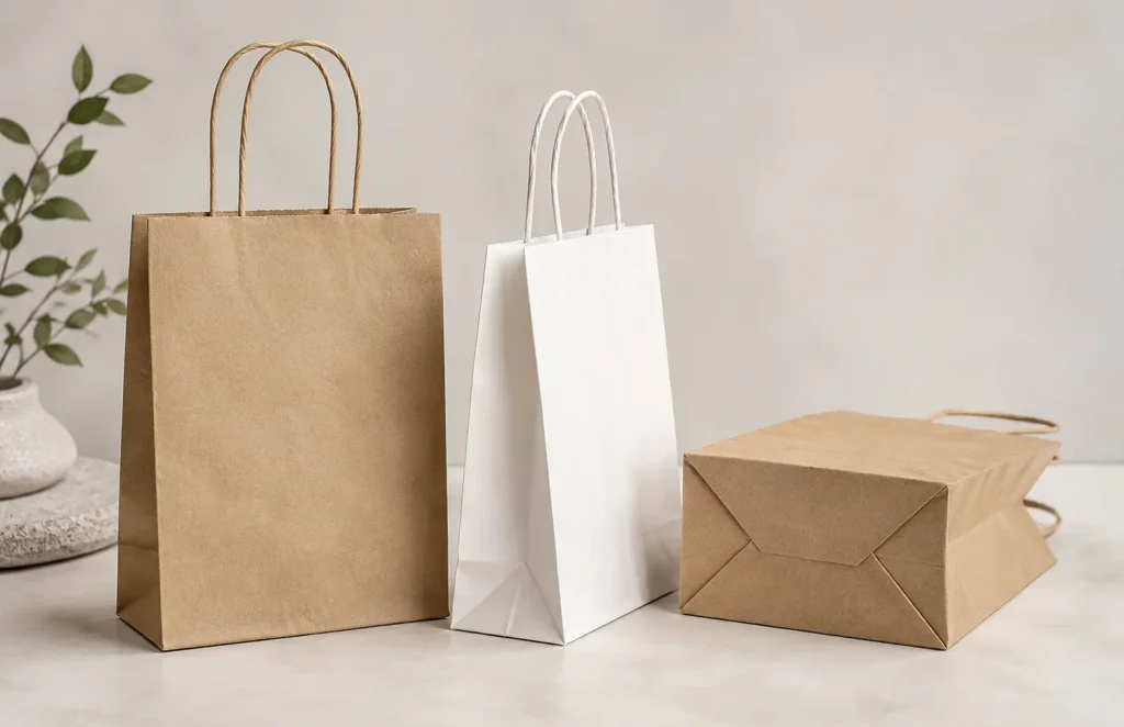Paper bag material strength showing handles, side gussets and base construction.
