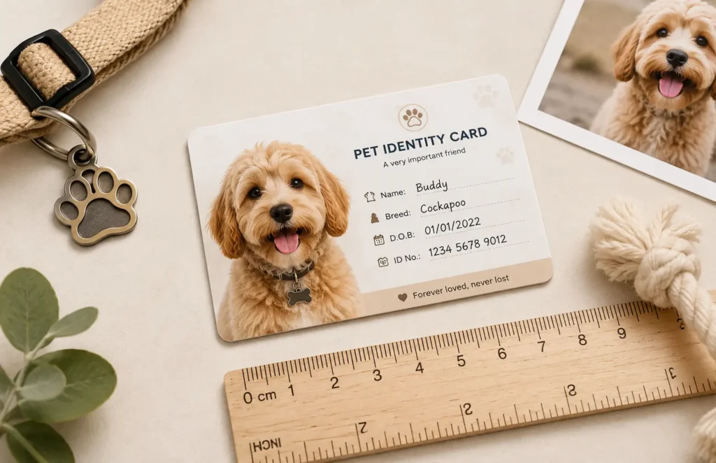 Pet ID card size shown in a personalised credit-card-sized keepsake format.