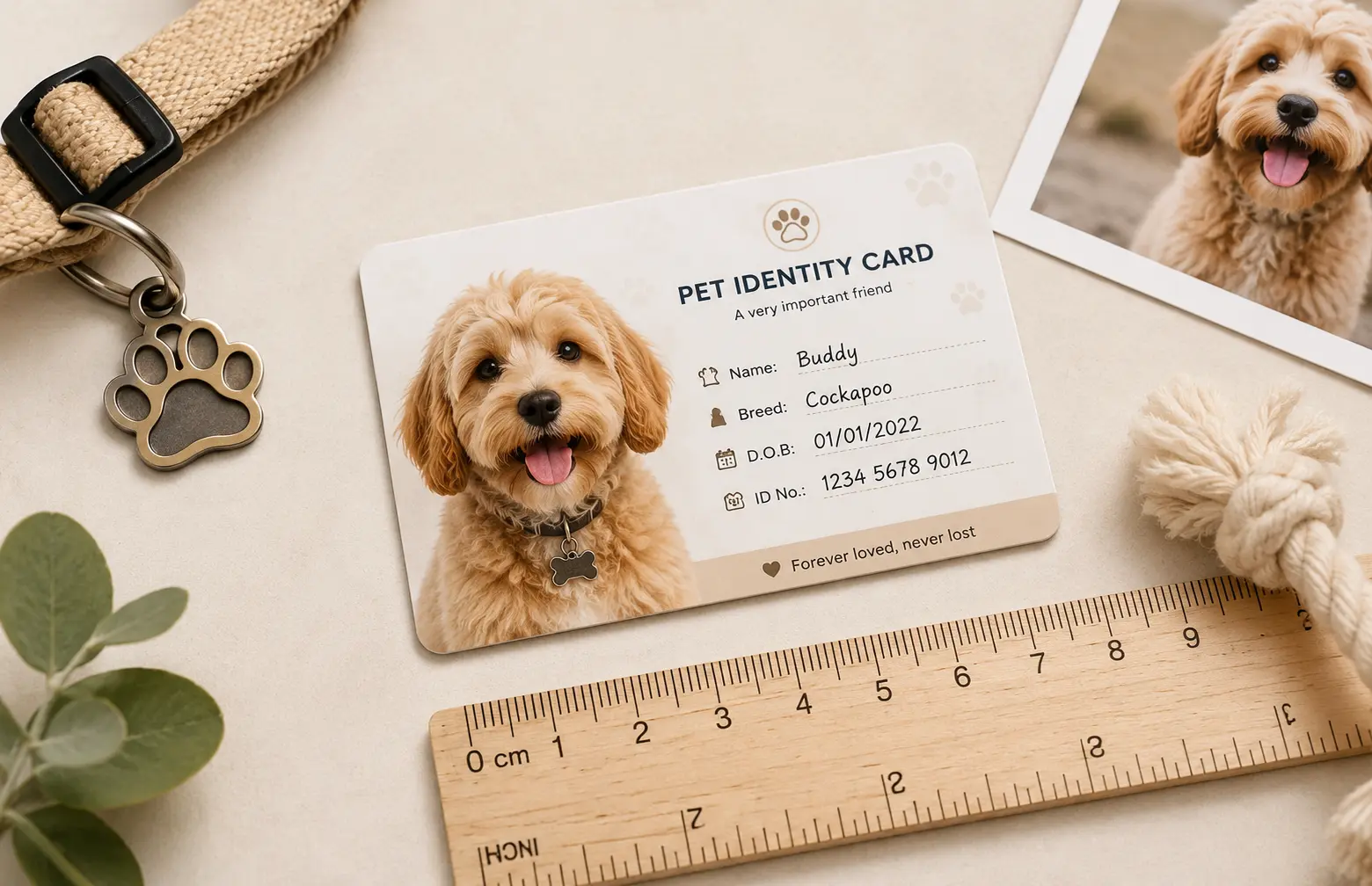 Pet ID card size shown in a personalised credit-card-sized keepsake format.