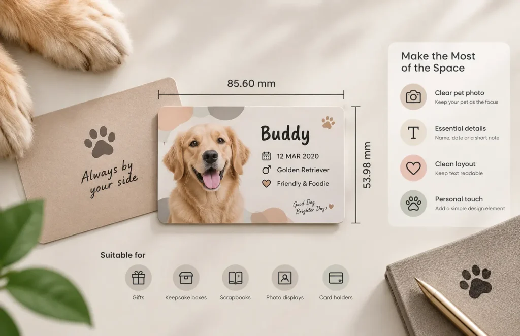 Personalised pet ID card showing its compact size, readable details and practical keepsake format
