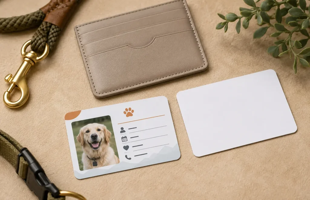 Pet ID card dimensions showing available space for a pet photo and personalised details