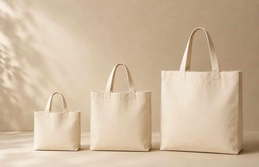 Tote bag size guide showing small, medium and large tote bag dimensions