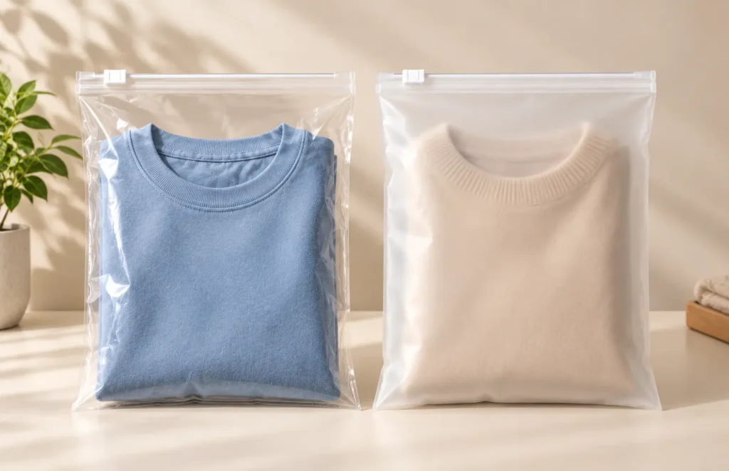 Frosted vs clear zipper bags for apparel and retail packaging.