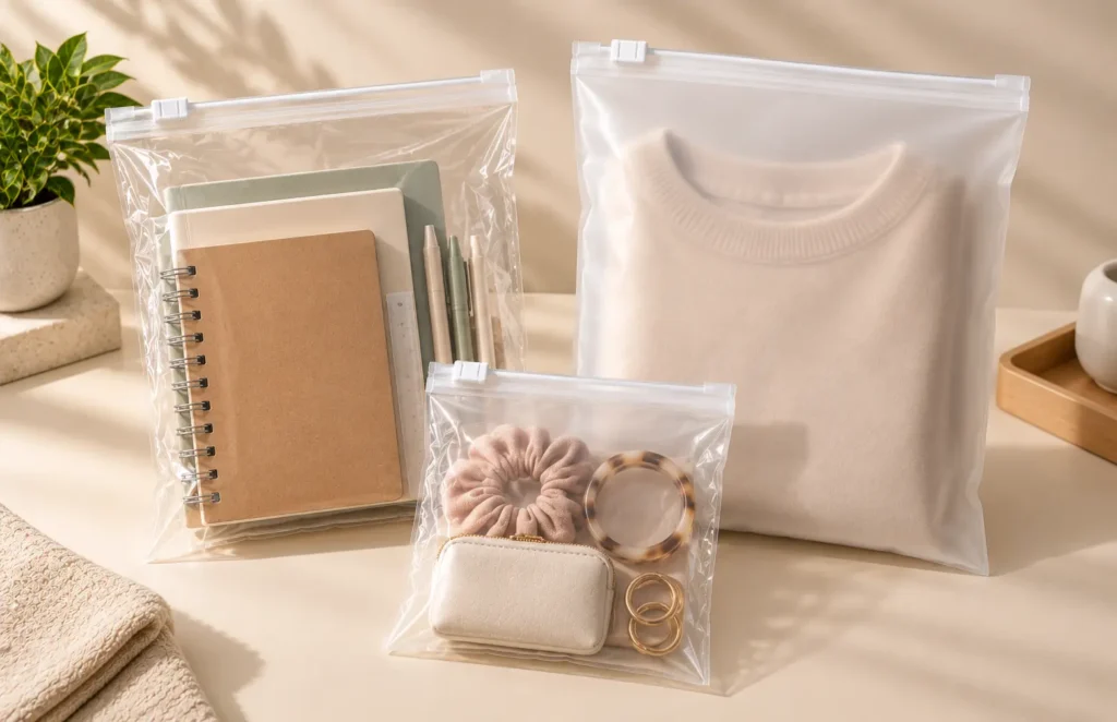 Frosted vs clear zipper bags used for apparel, stationery and retail accessories.