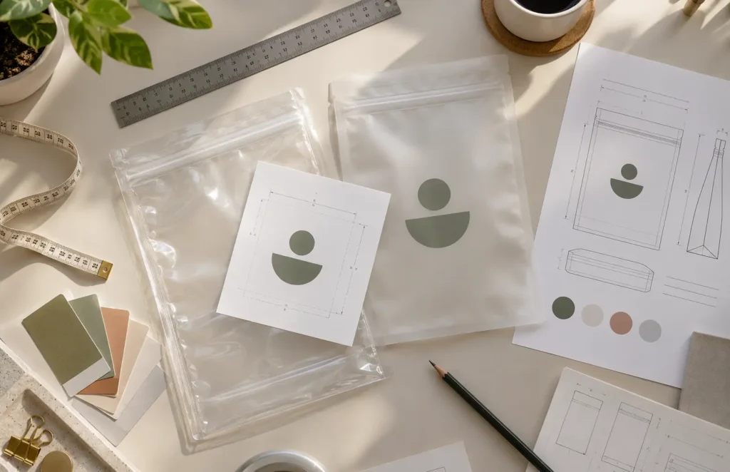 Zipper bag printing artwork preparation with logo sizing and placement planning.