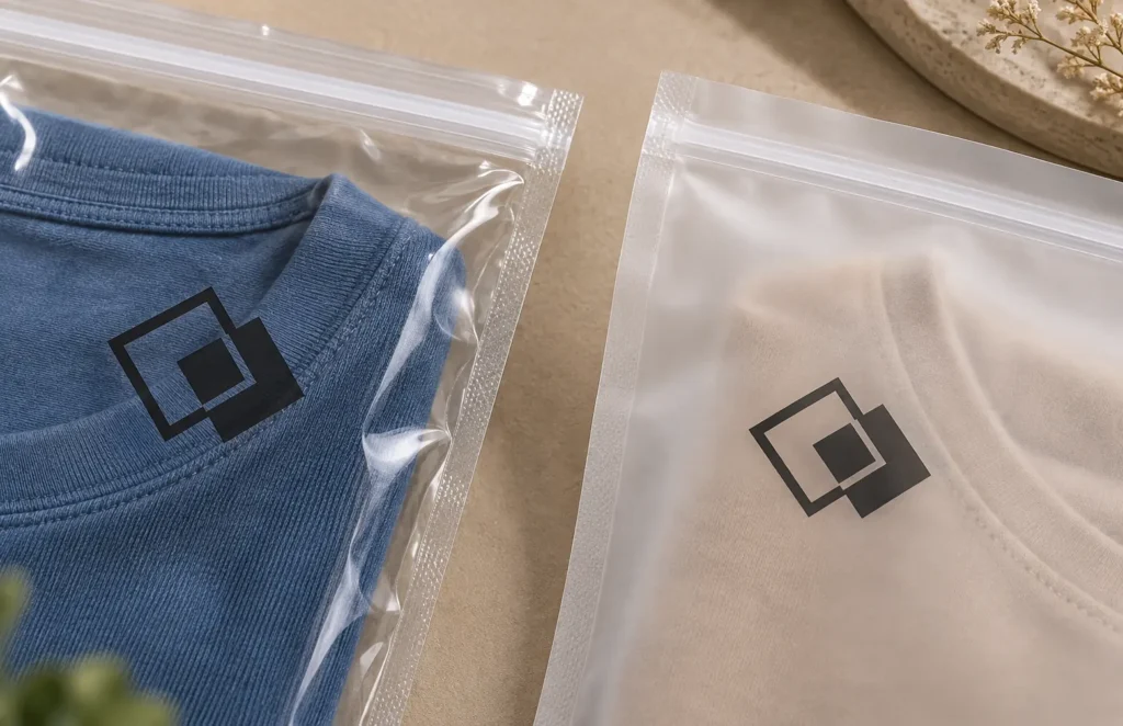 Zipper bag printing comparison on clear and frosted packaging materials.