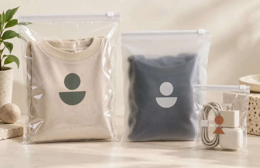 Zipper bag printing on clear and frosted custom packaging for apparel and retail products.