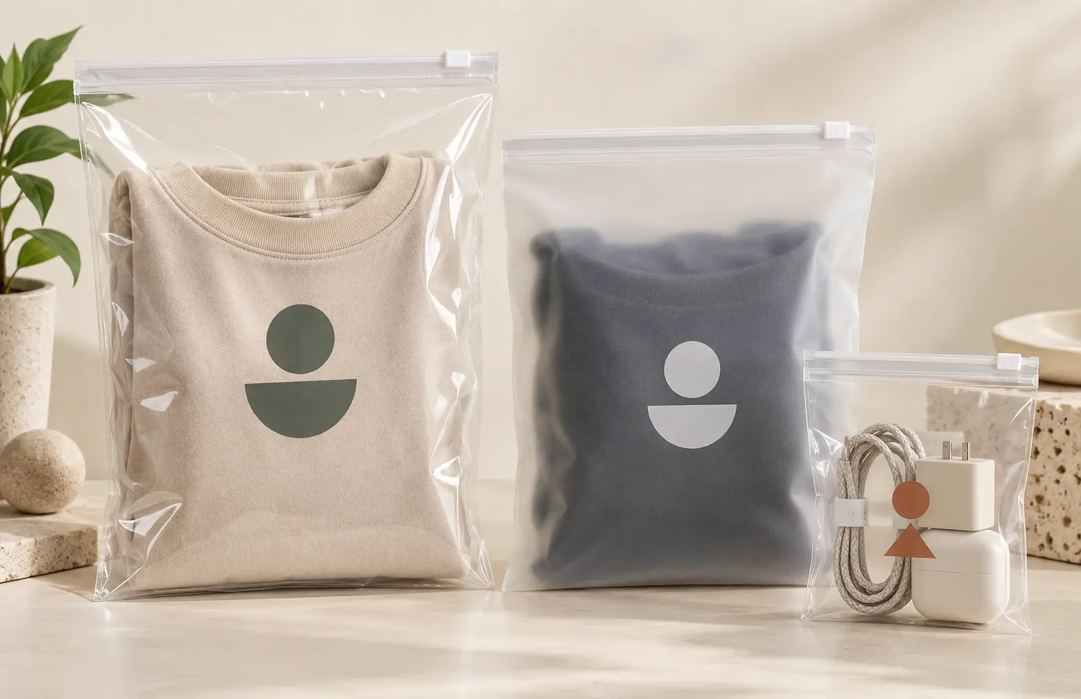 Zipper bag printing on clear and frosted custom packaging for apparel and retail products.