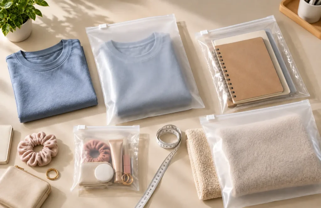 Zipper bag size guide showing product measurement and packaging size selection.