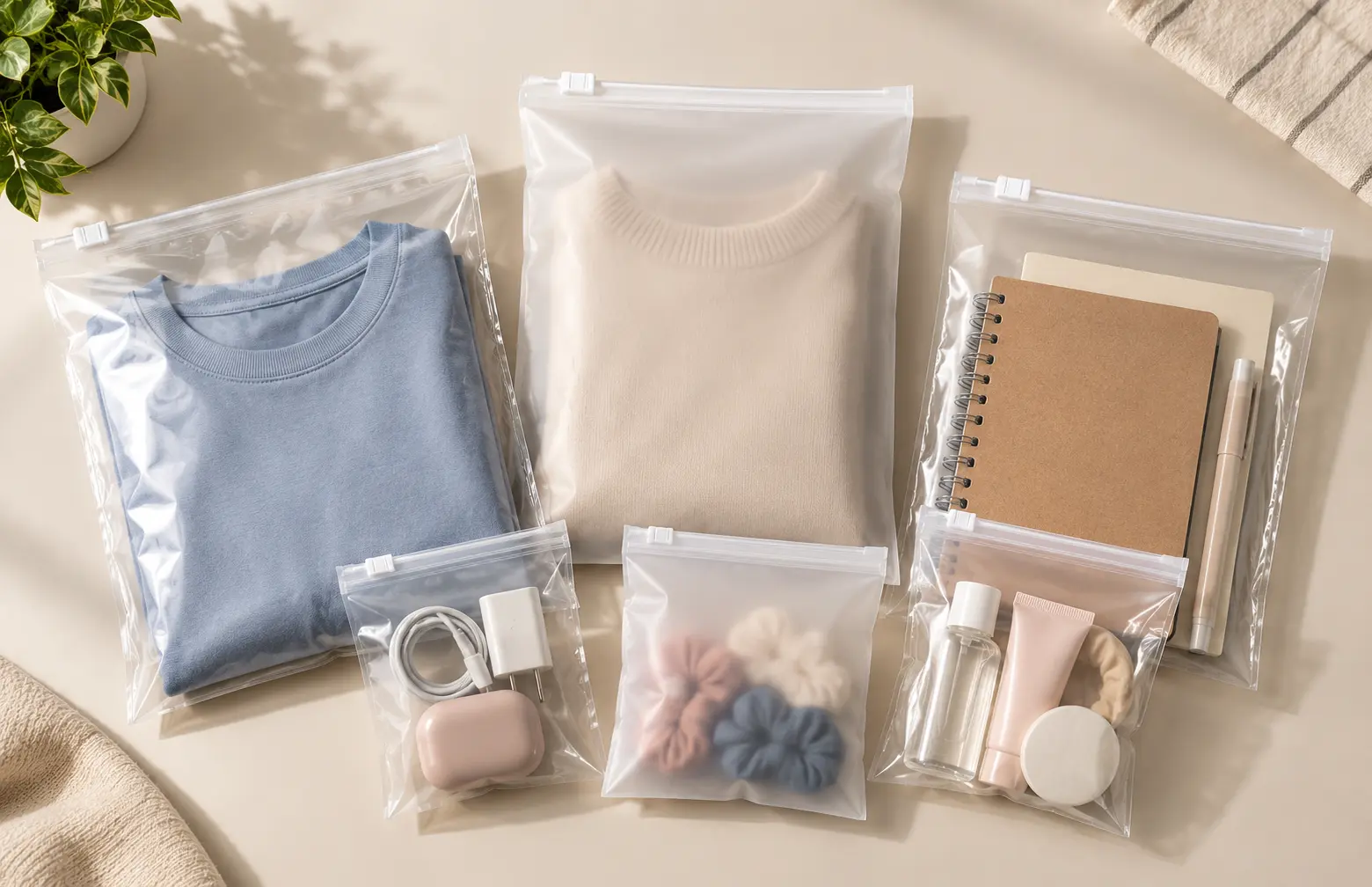 Zipper bag size guide showing different sizes for apparel, documents and retail accessories.