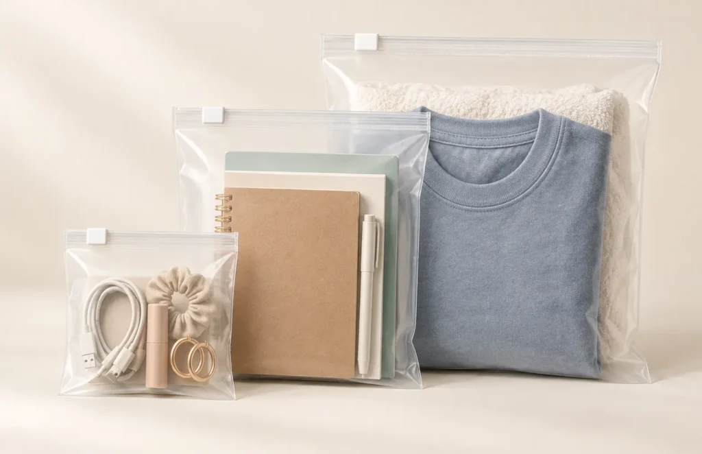Zipper bag size guide comparison showing small, medium and large zipper bags for different products.