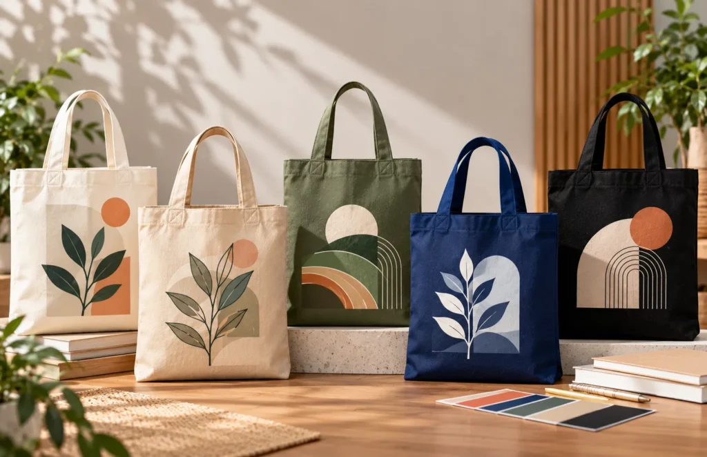 Best tote bag colour for printing shown across neutral and dark branded tote bags.