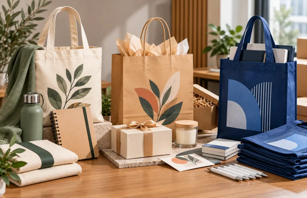 Best tote bag material for corporate gifts matched to branded merchandise and gift contents.