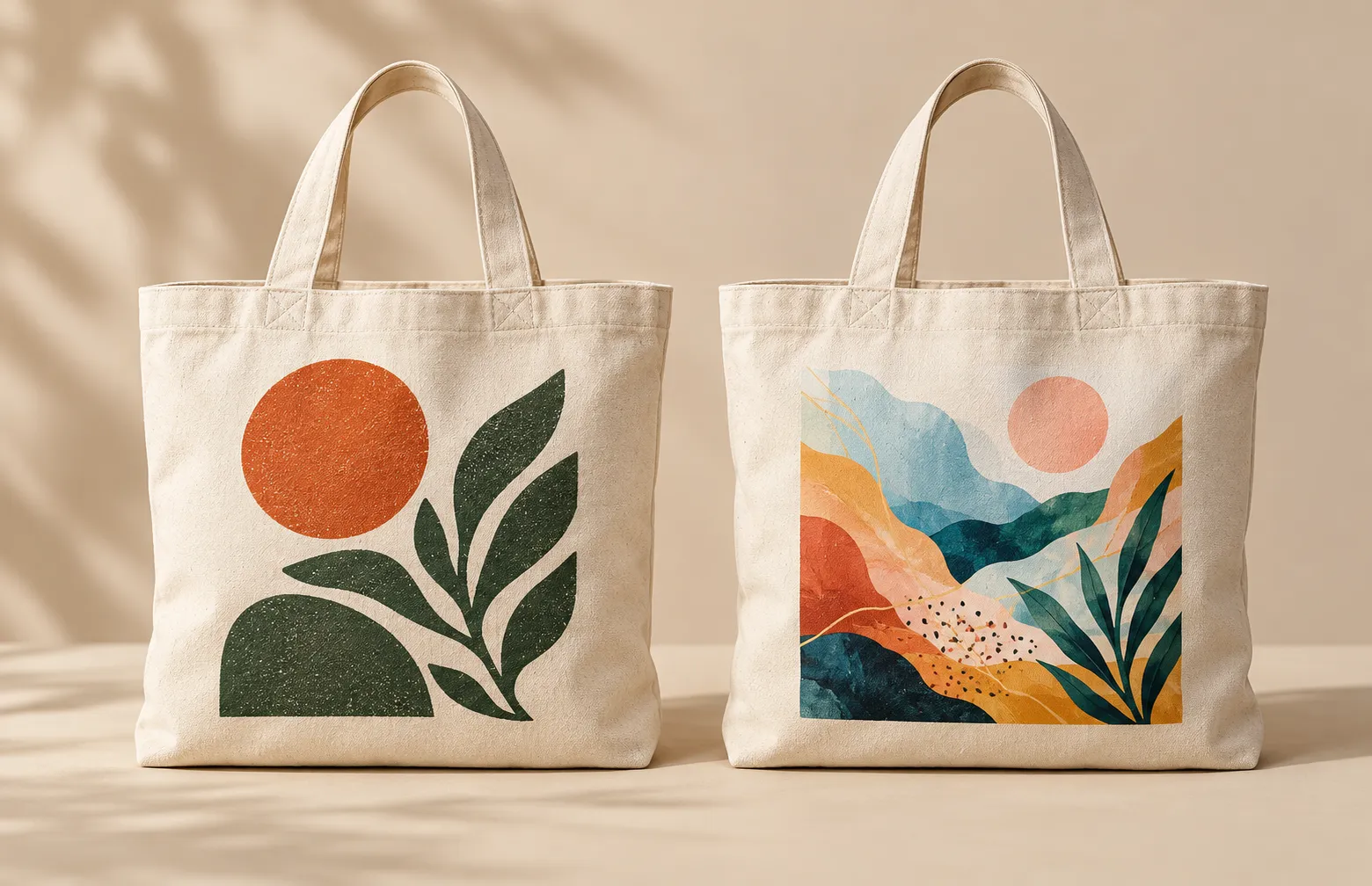 Screen printing vs heat transfer tote bags shown on identical canvas bags.