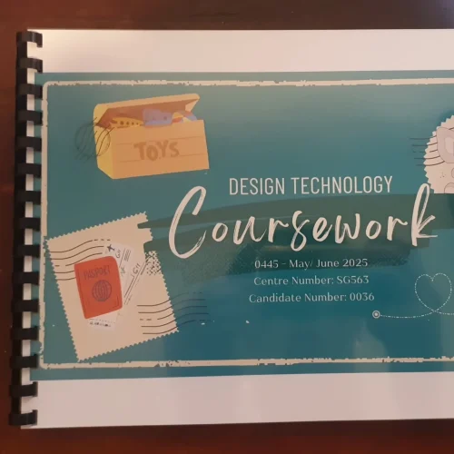 comb-binding-student-project Comb bound student coursework booklet for Design Technology project — printed in landscape format with glossy cover and black plastic spine.