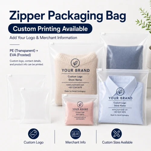 Examples of custom printed zipper bags with logos for apparel and retail packaging.