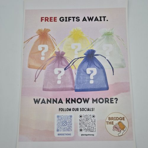 Promotional flyer for Bridge The Nag featuring colourful gift bags and QR codes, designed to attract attention with “Free Gifts Await” and social media follow callouts.