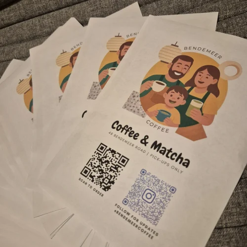 Promotional flyer for Bendemeer Coffee & Matcha featuring QR codes for ordering and social media, printed on matte paper.