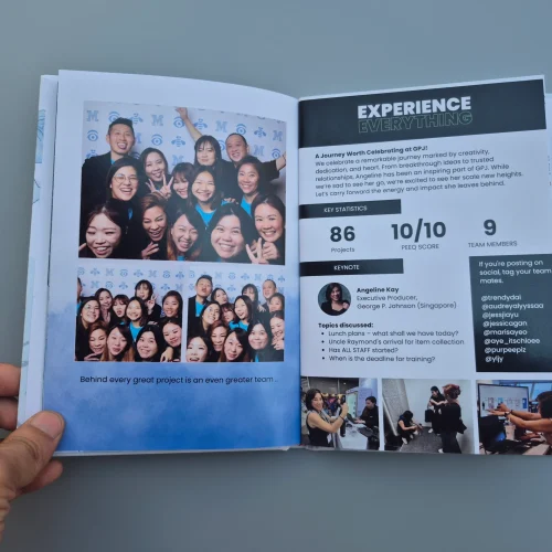 Company profile booklet printing – professional corporate publication with team photos and key statistics