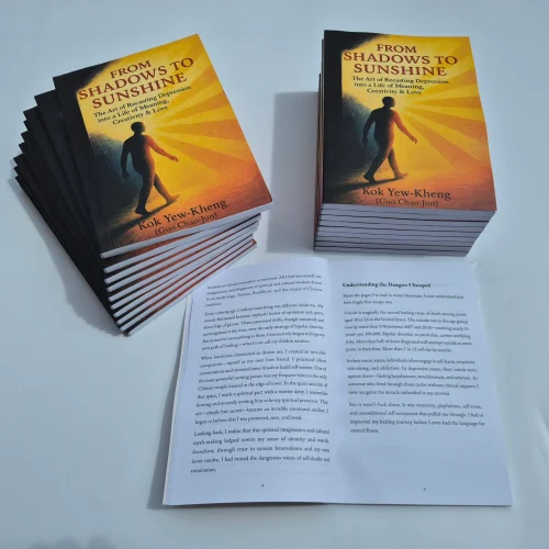 Perfect binding book printing for “From Shadows to Sunshine” — professionally bound softcover novel with glued spine.