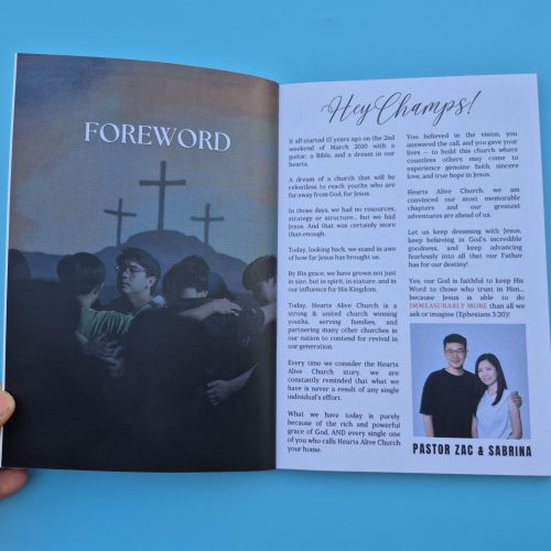 saddle-stitch-binding-event-programme Custom printed saddle stitch event programme booklet for Hearts Alive Church with personal foreword and event message.